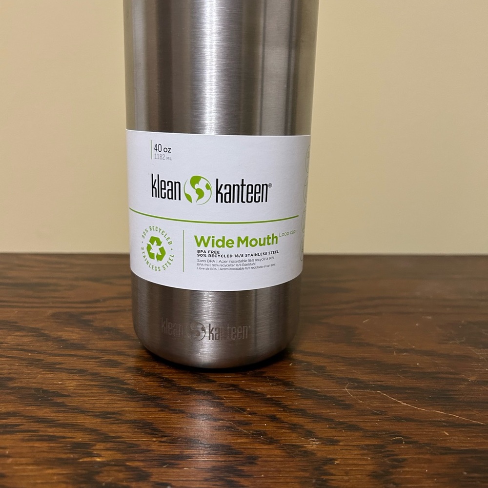 Klein Kanteen Stainless Steel Wide Mouth Bottle, single wall, Silver 40oz
